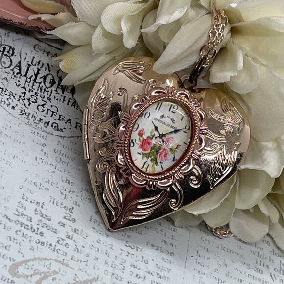 Victorian Watch Clock  Mom Wife Christmas Rose Gold Heart Locket Anniversary - Picture 2 of 13
